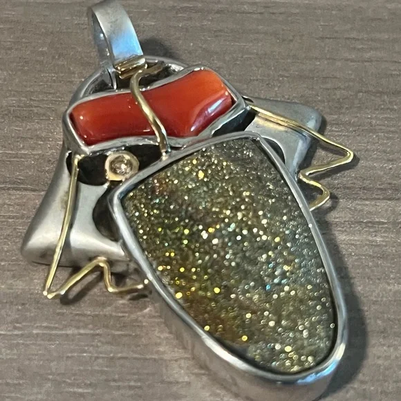 925 Sterling Silver Pendant with Red Coral and Gold Crystal